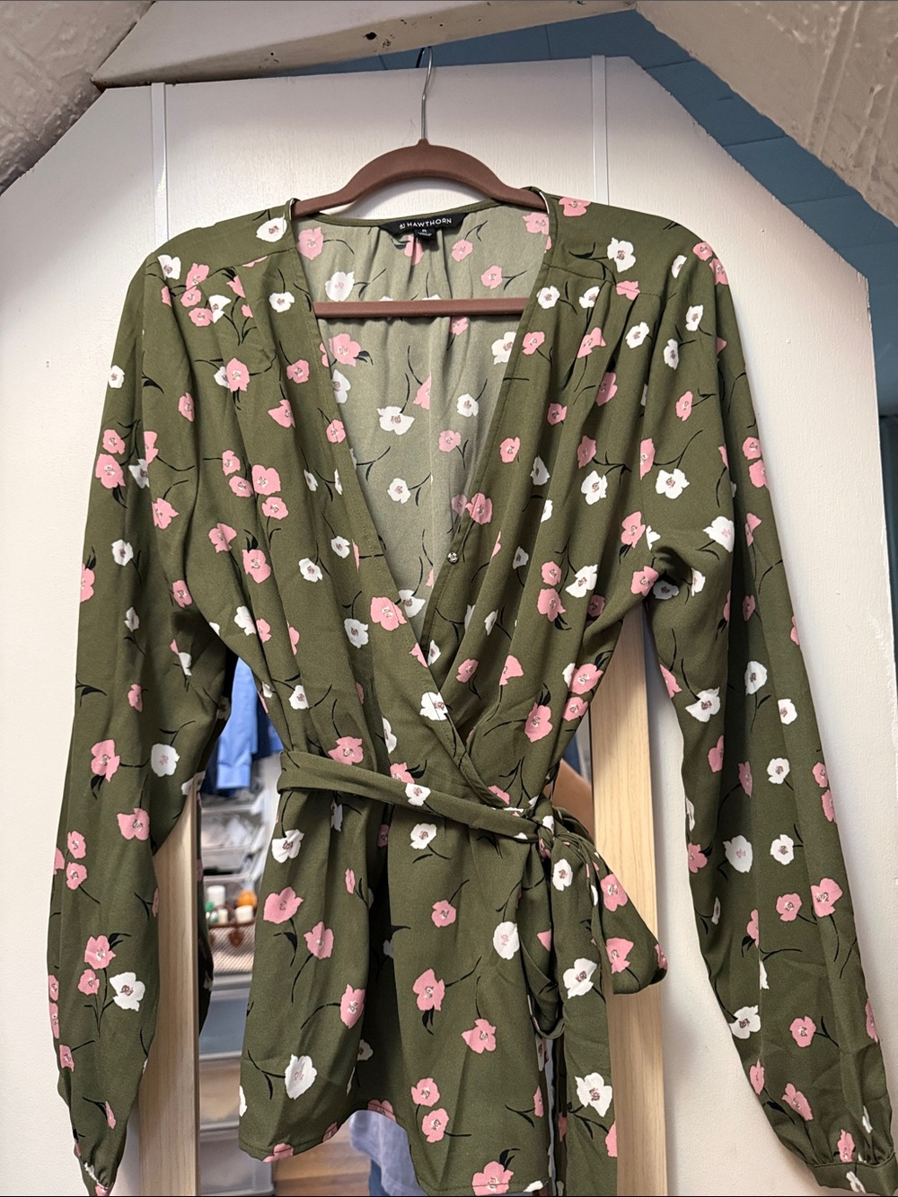 41 Hawthorn Olive Green Floral Wrap Blouse with Pink and White Flowers
